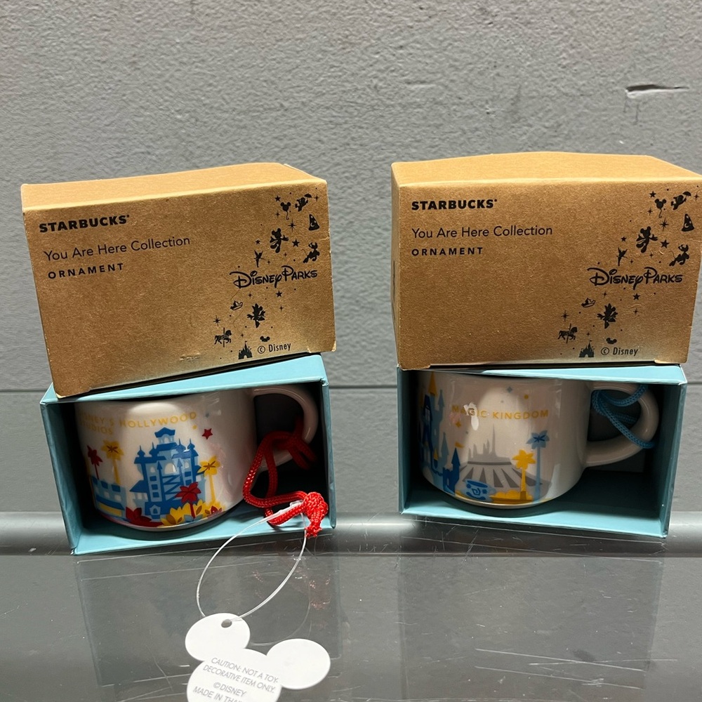 Starbucks Disney Parks Ornament Mugs with Red and Blue Accents